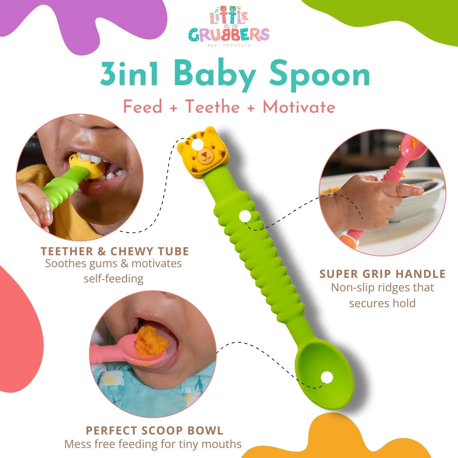 3-in-1 silicone baby spoon showing feeding, teething, and motivation uses