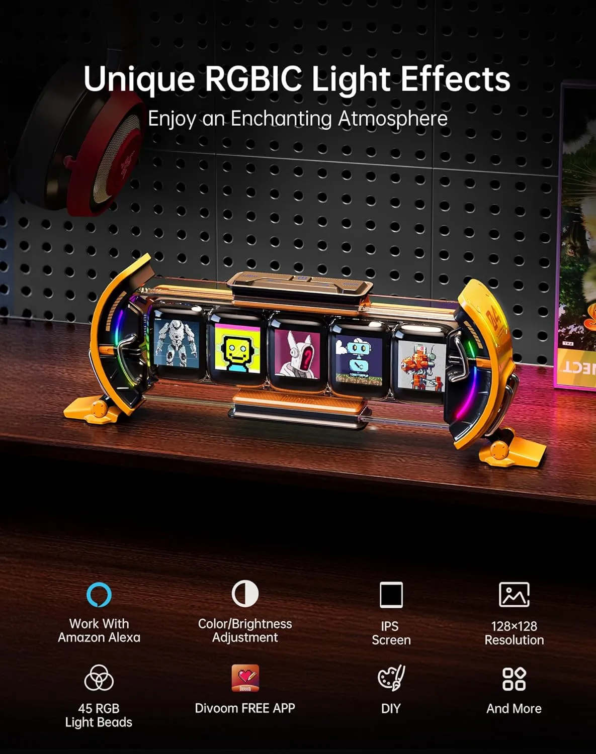 Divoom Times Gate RGBIC light effects IPS screen app control and pixel display features