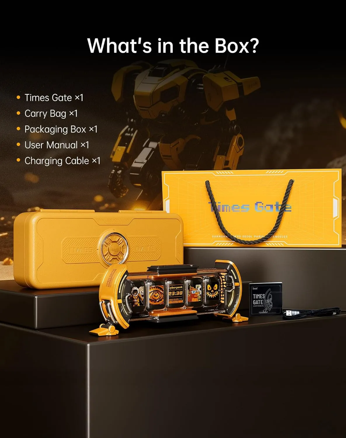 Divoom Times Gate box contents including device carry bag box user manual and charging cable