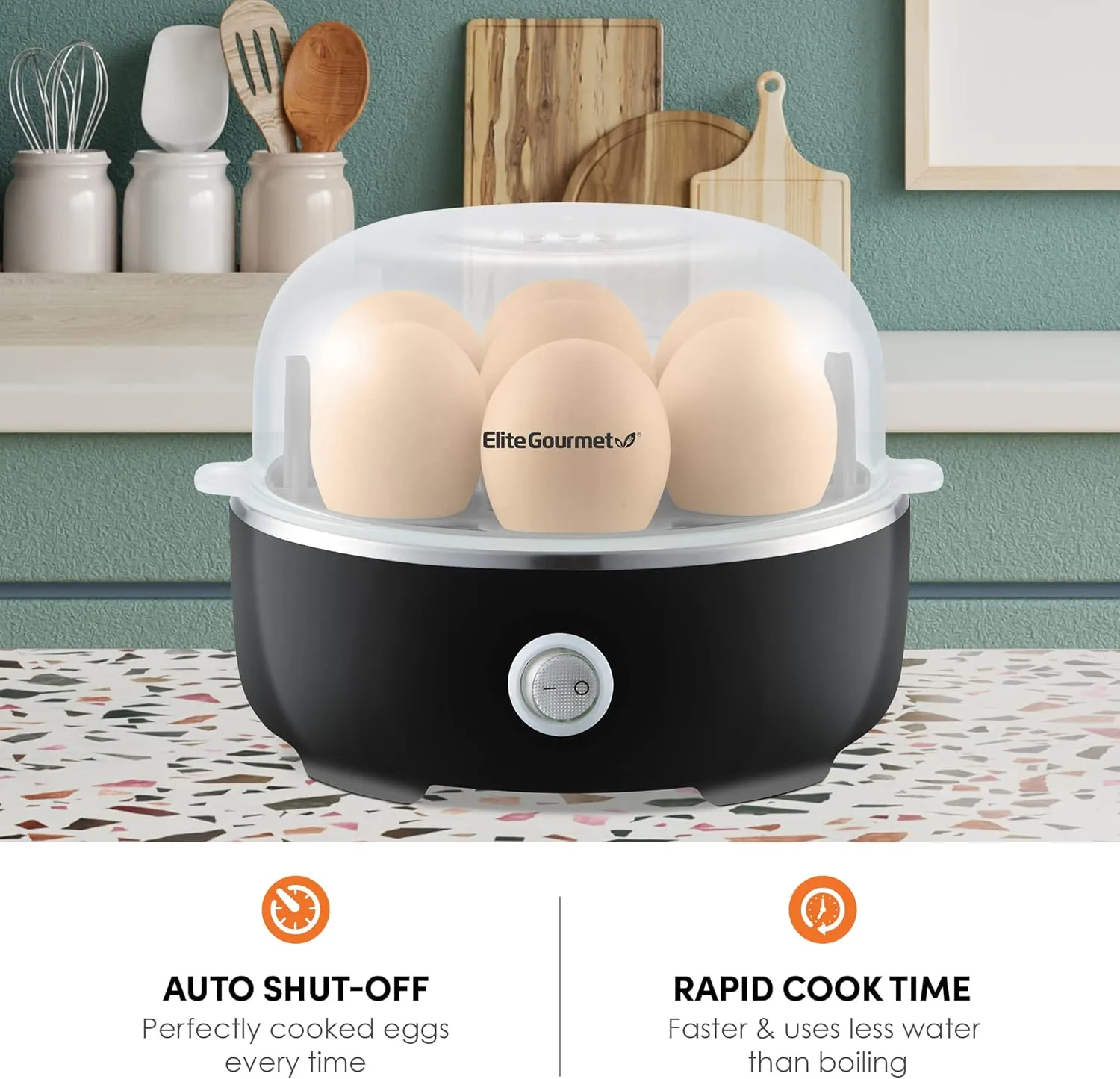 Elite Gourmet Electric Egg Cooker auto shut-off and rapid cook time