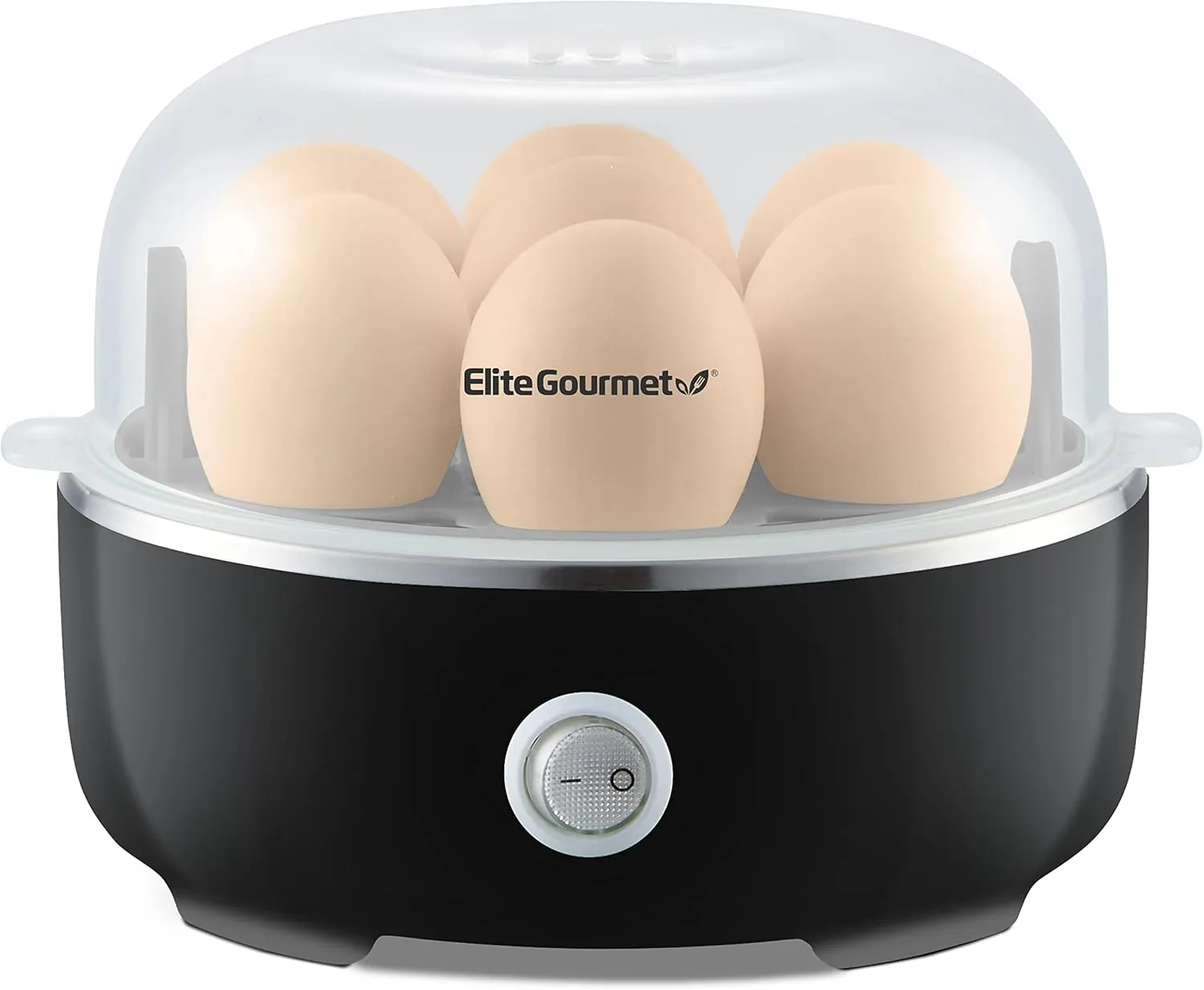 Elite Gourmet Electric Egg Cooker close-up with eggs under the lid