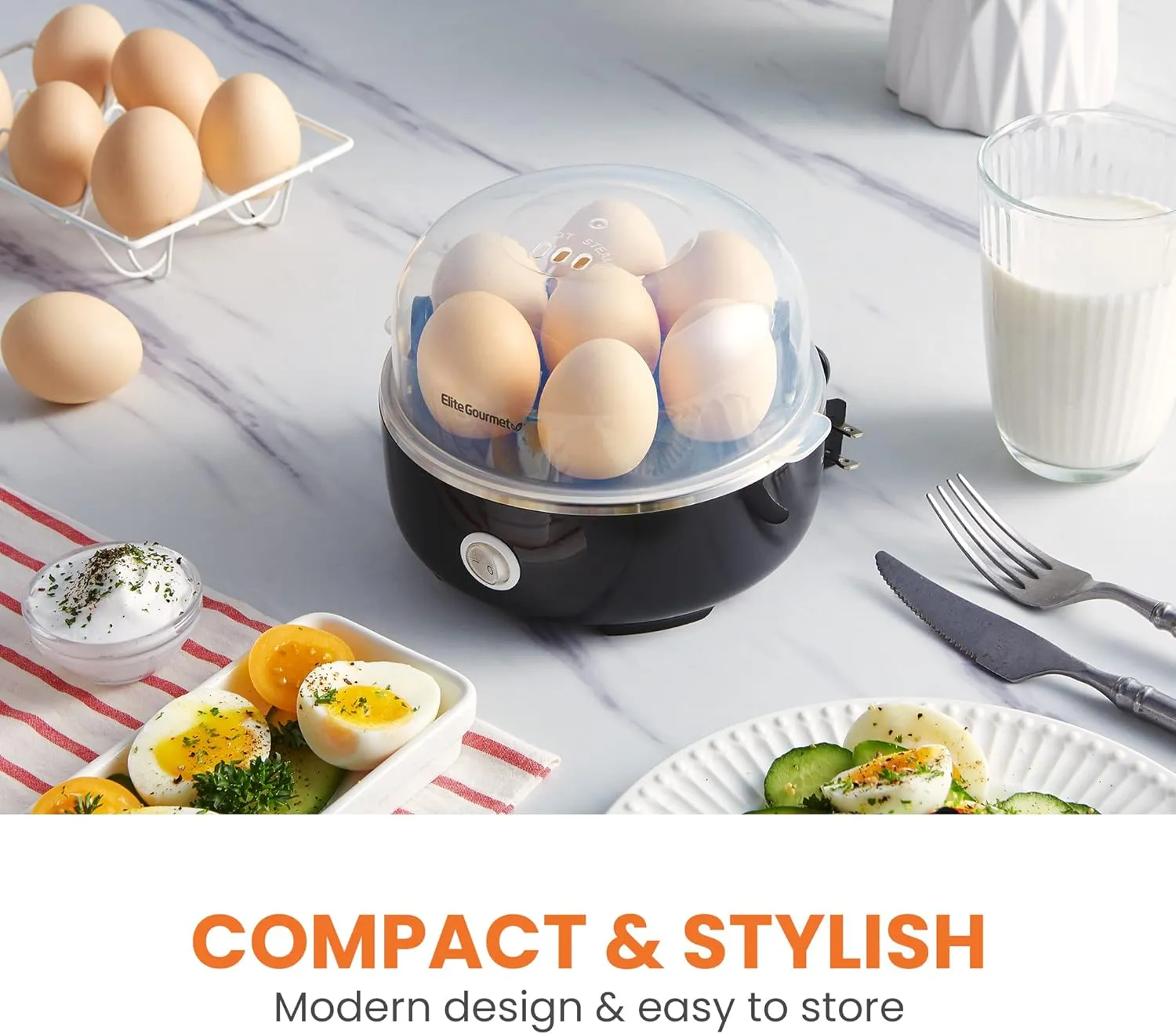 Elite Gourmet Electric Egg Cooker with eggs on a breakfast counter