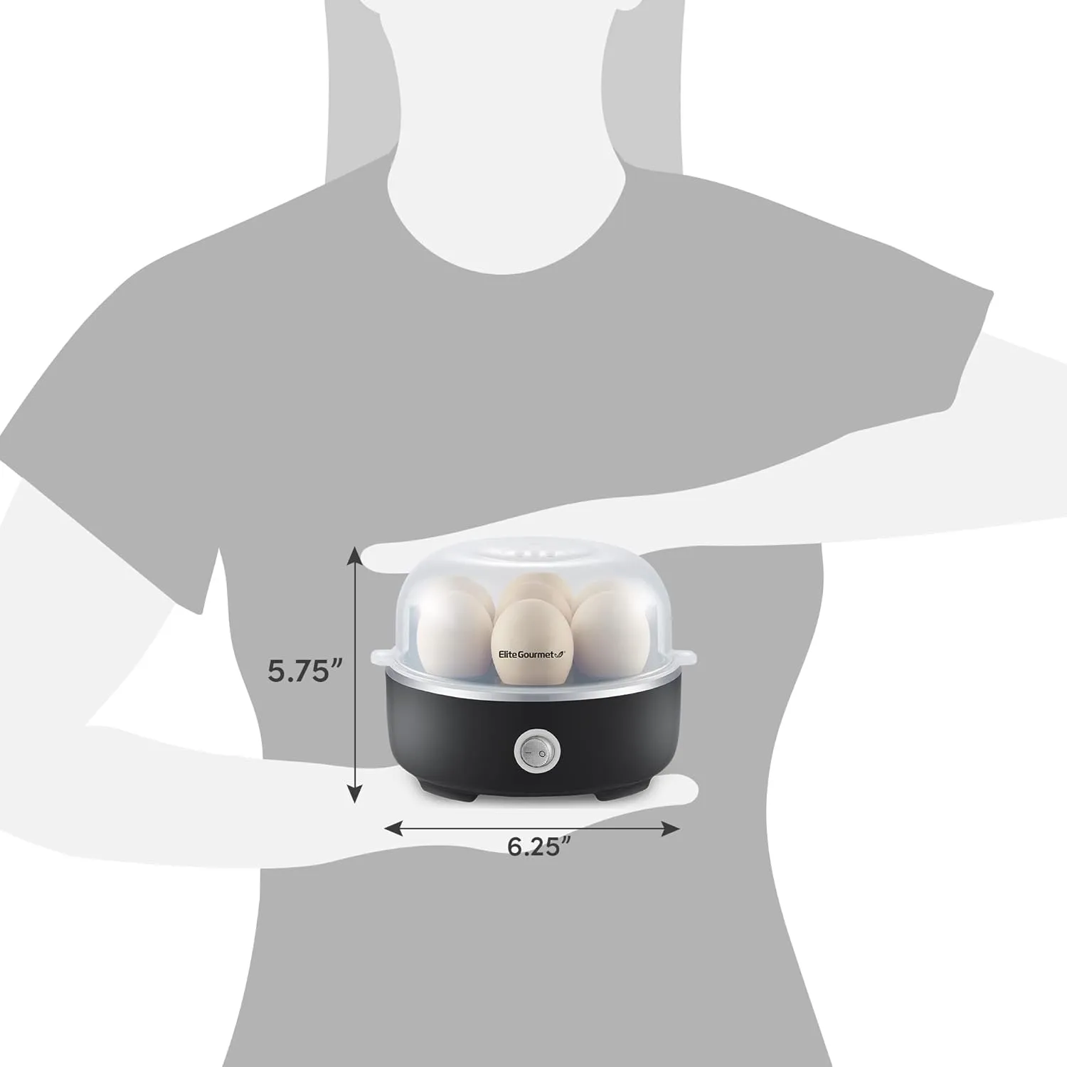 Elite Gourmet Electric Egg Cooker compact size with 5.75 inch height and 6.25 inch width