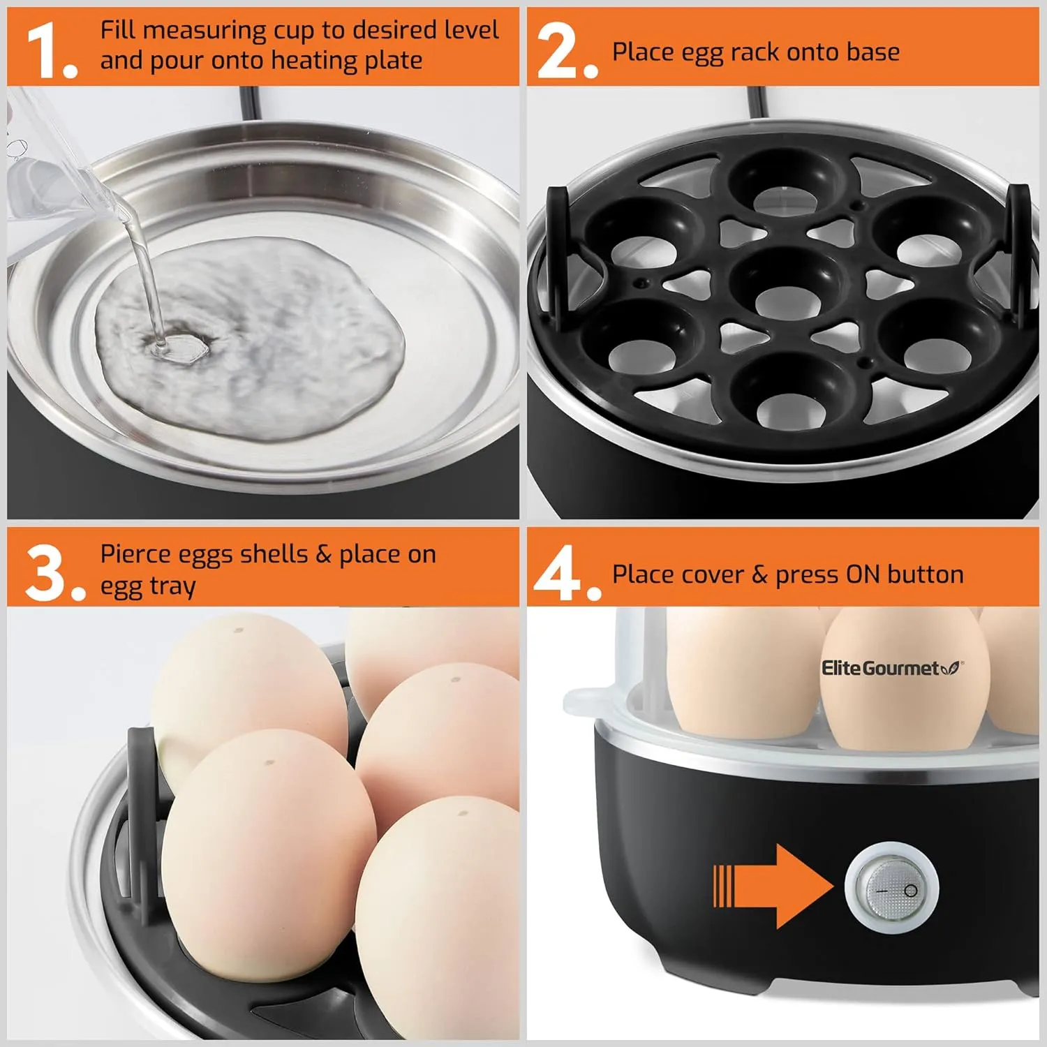 Elite Gourmet Electric Egg Cooker four-step use instructions