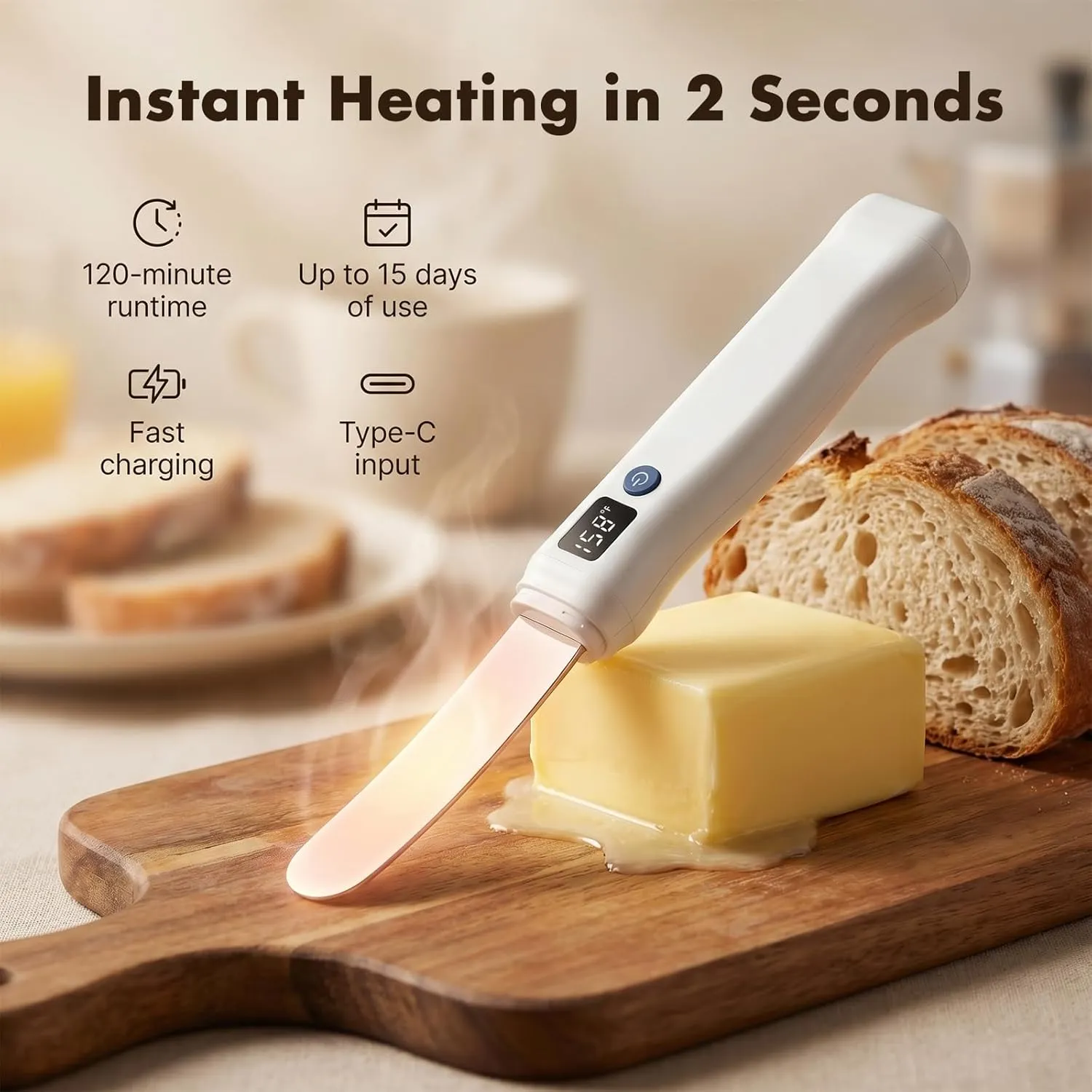 Heated butter knife heating in 2 seconds near butter and bread