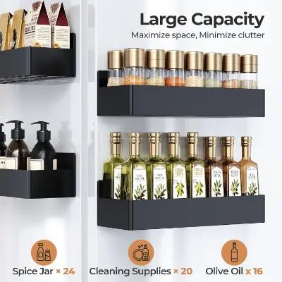 Mystozer Magnetic Spice Rack on refrigerator side with kitchen storage items