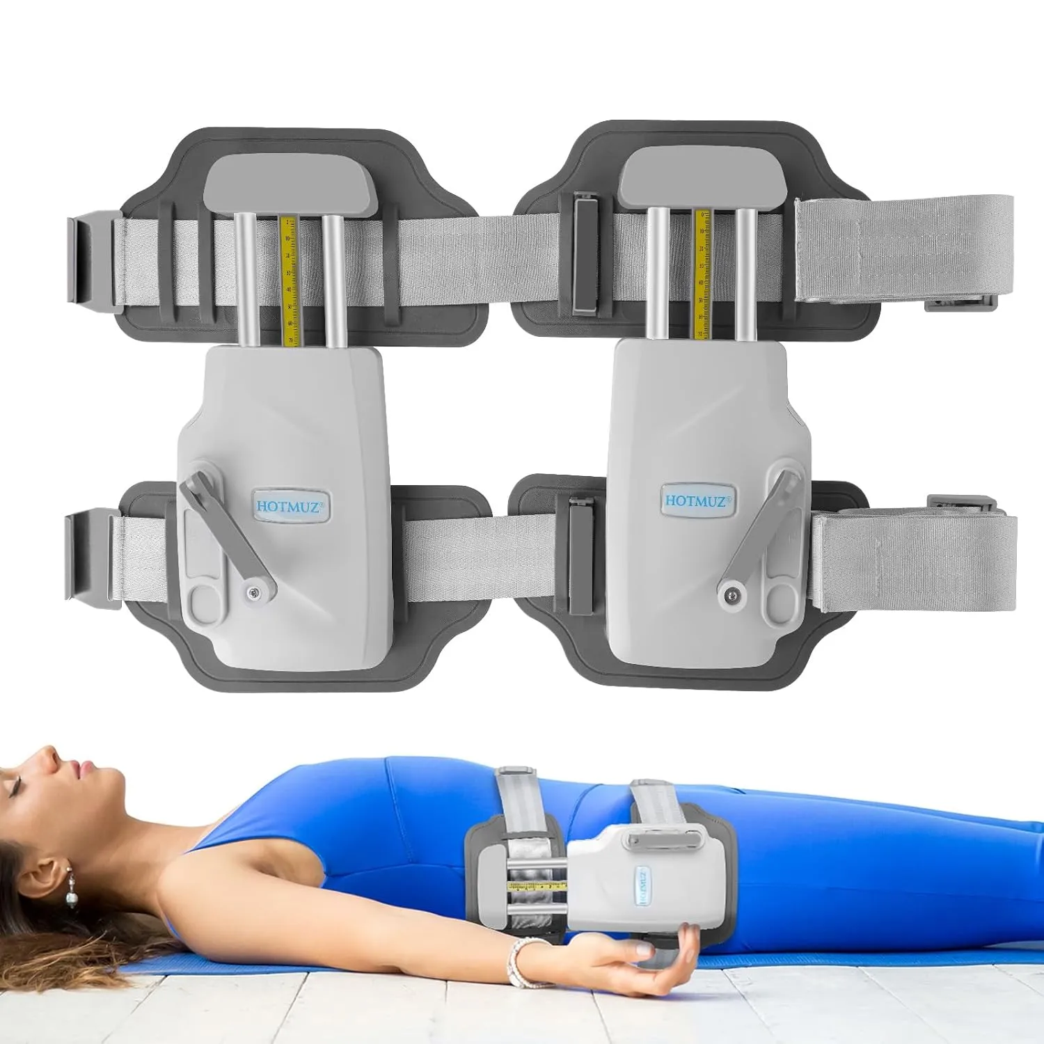 Manual lumbar traction device shown with product view and lying-flat home-use position