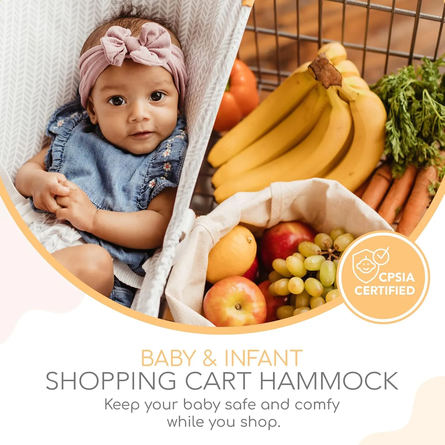 Baby resting in Binxy Baby hammock inside a shopping cart