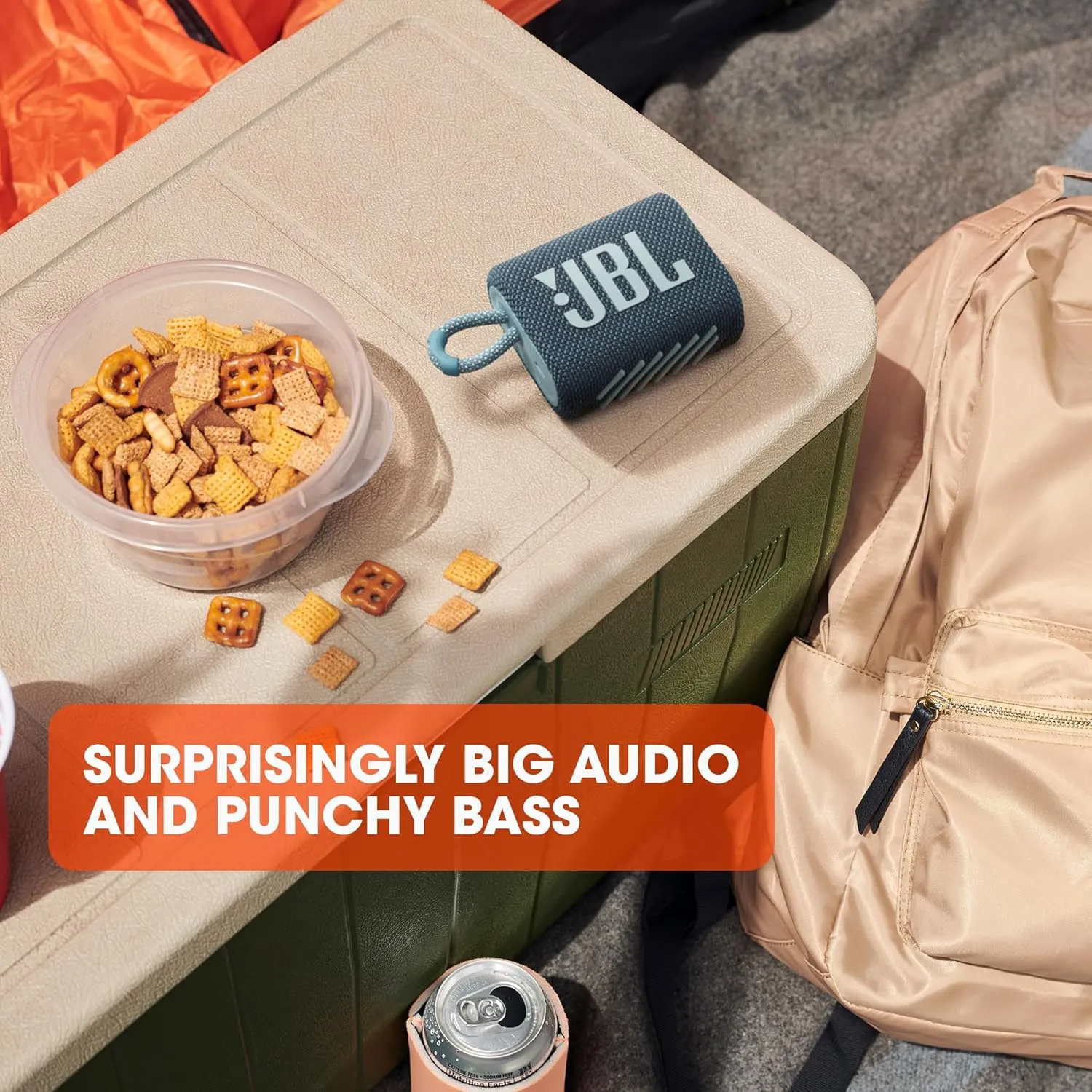 JBL Go 3 speaker on cooler with snacks and backpack showing big audio and punchy bass