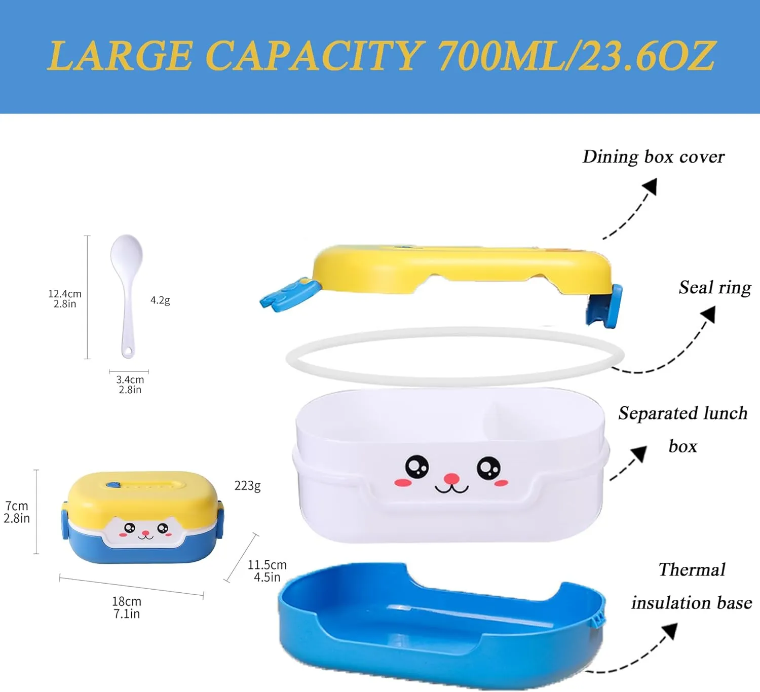 Cute bento box 700ML capacity, lid, seal ring, separated lunch box, spoon and thermal insulation base