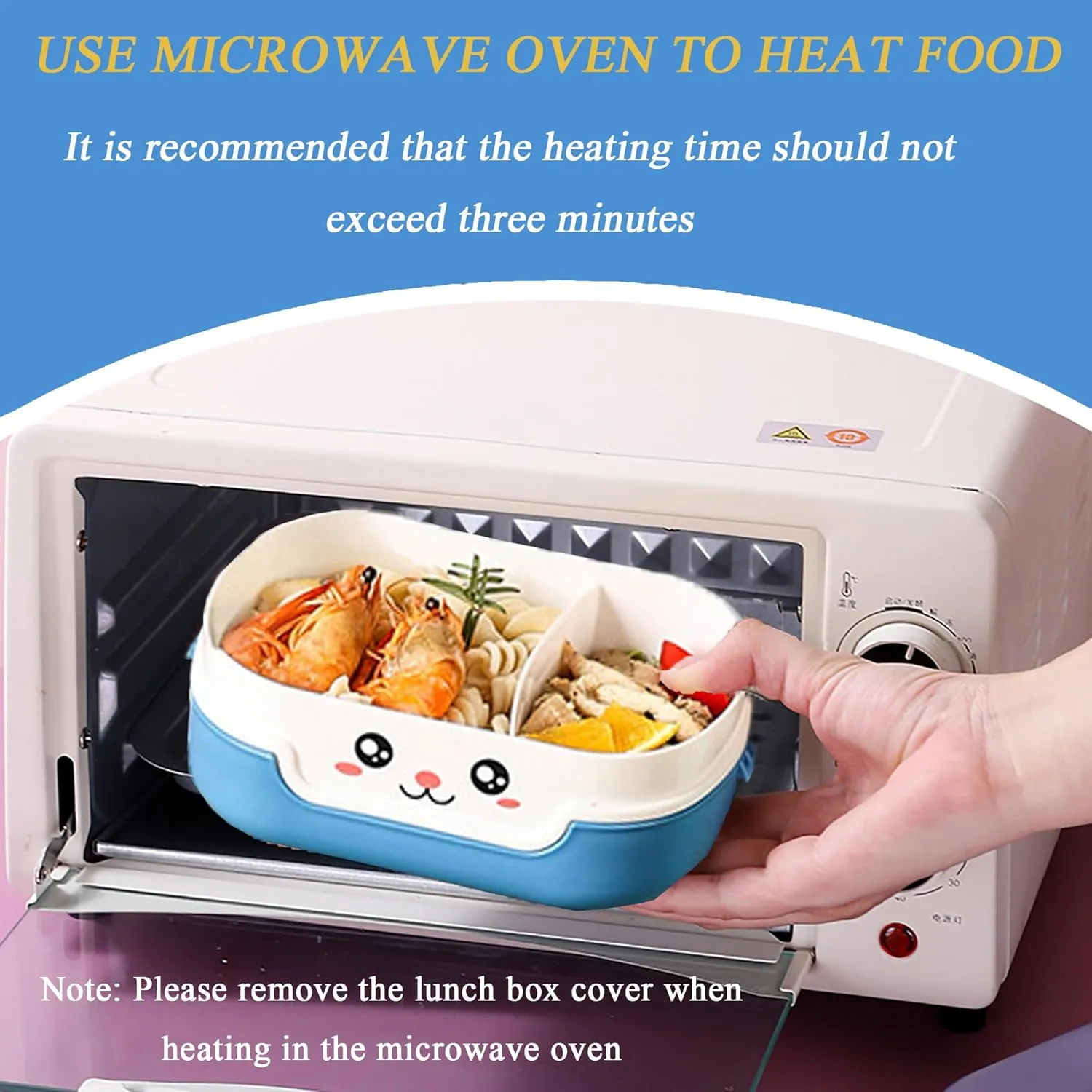 Cute bento box being placed in microwave with note to remove cover before heating