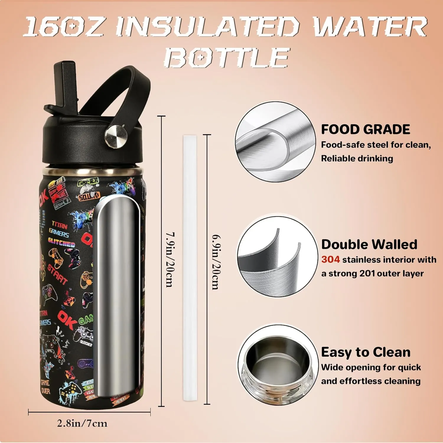 16oz insulated water bottle feature image with food grade steel and dimensions