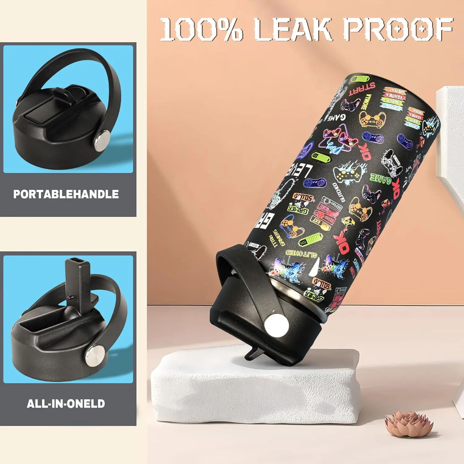 Kids gamer water bottle leakproof straw cap and portable handle feature image