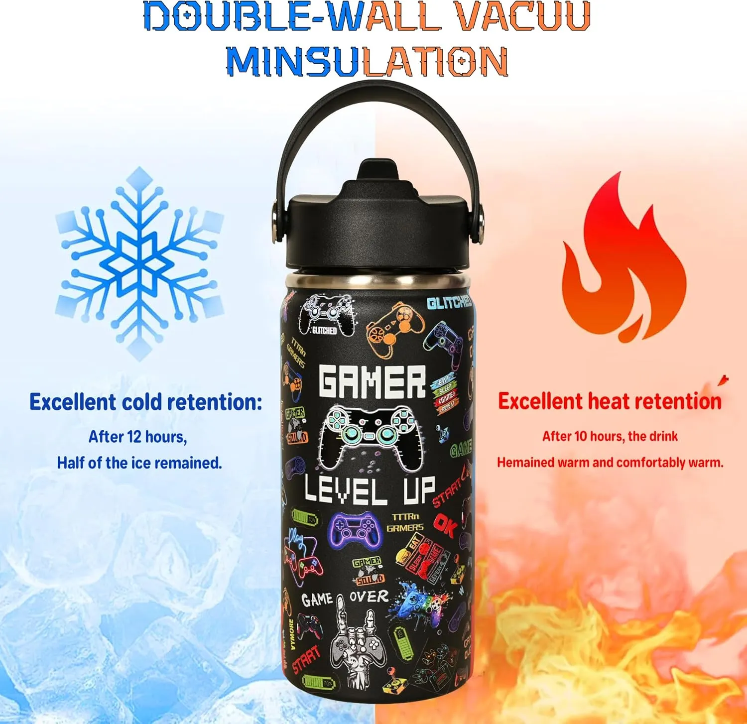Kids insulated gamer water bottle double-wall vacuum insulation hot and cold retention feature image
