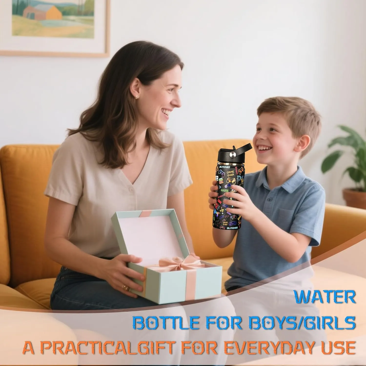 Kids gamer water bottle gift image for boys and girls everyday use