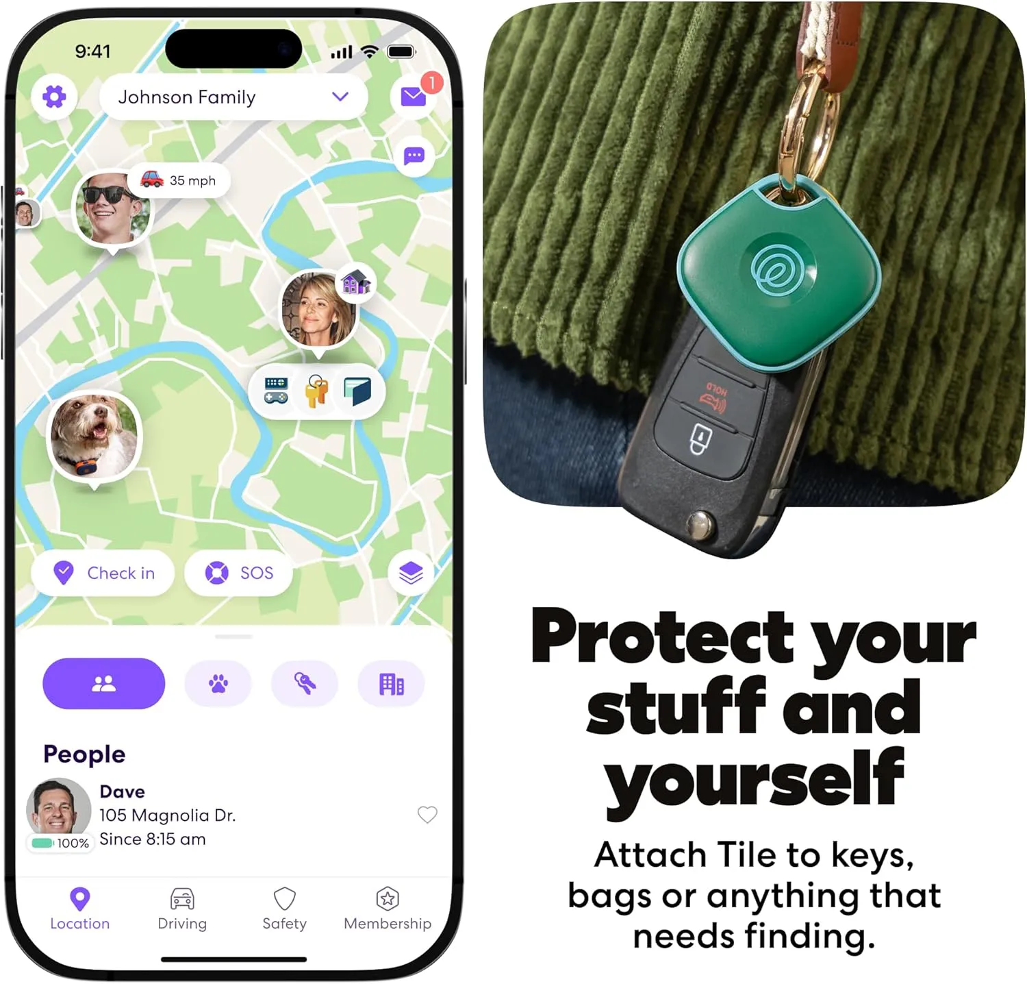 Life360 Tile Bluetooth Tracker attached to car keys with app map screen