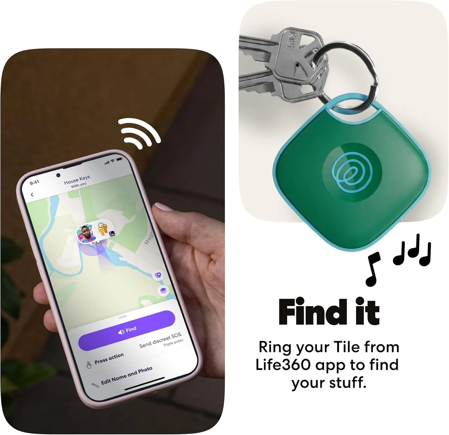 Life360 Tile Bluetooth tracker connected to keys with find it feature
