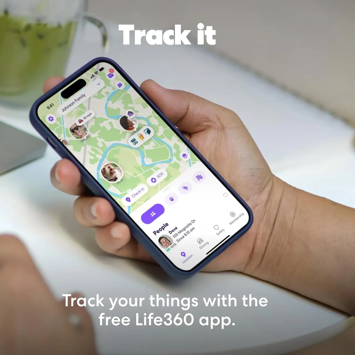Life360 app screen showing tracking map and Tile item locator