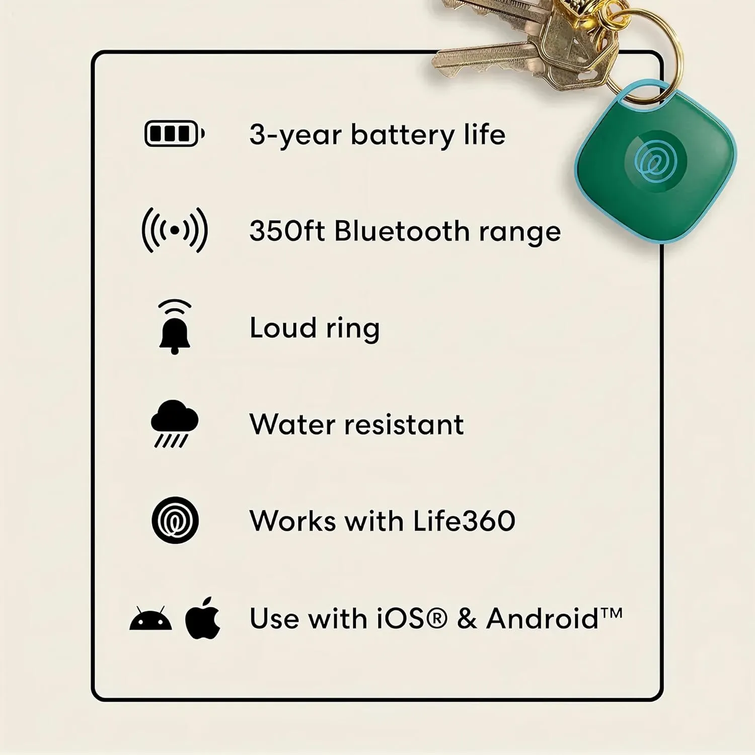 Life360 Tile Bluetooth tracker feature list with battery life range and compatibility