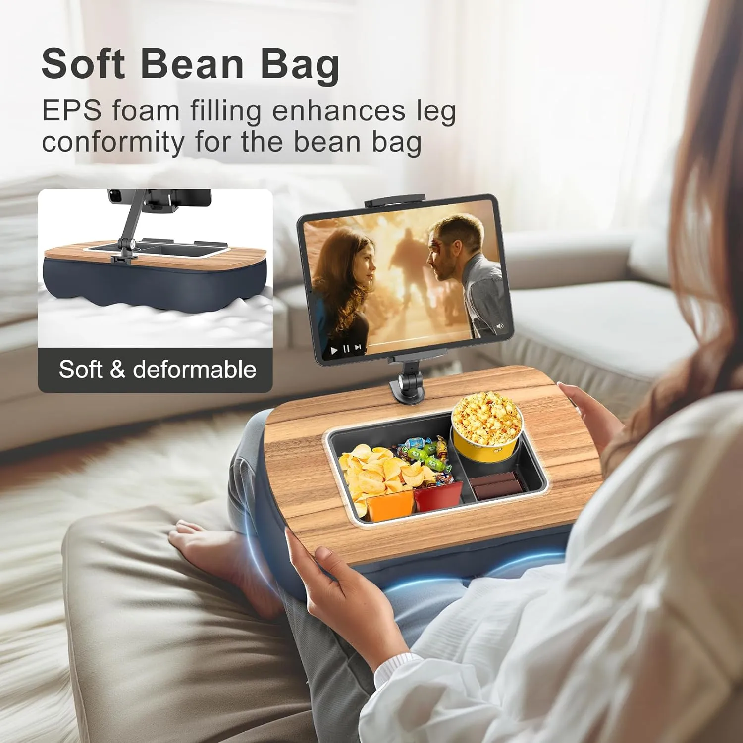 ERGONOV Tablet Pillow Stand showing the soft bean bag base on a user's lap