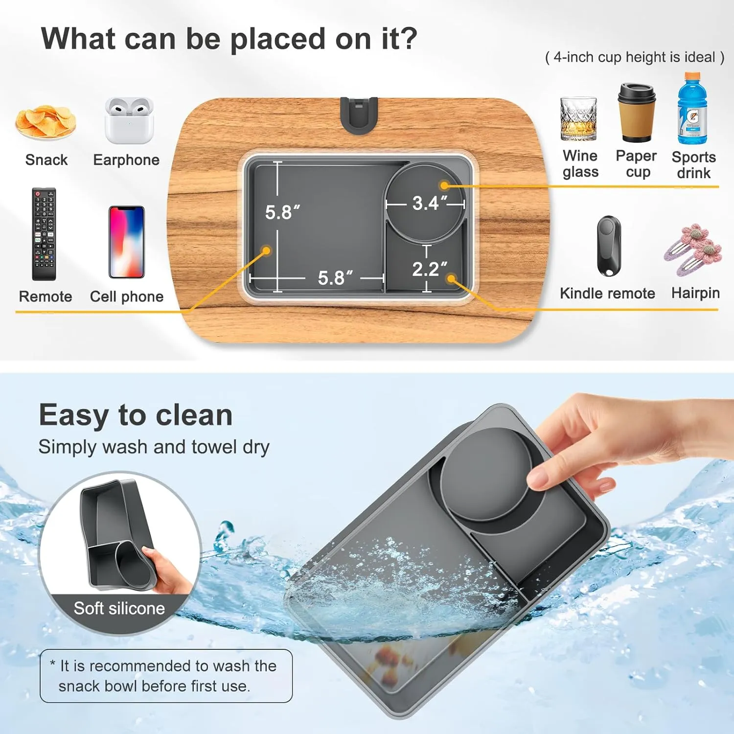 ERGONOV Tablet Pillow Stand removable silicone snack bowl and cleaning details