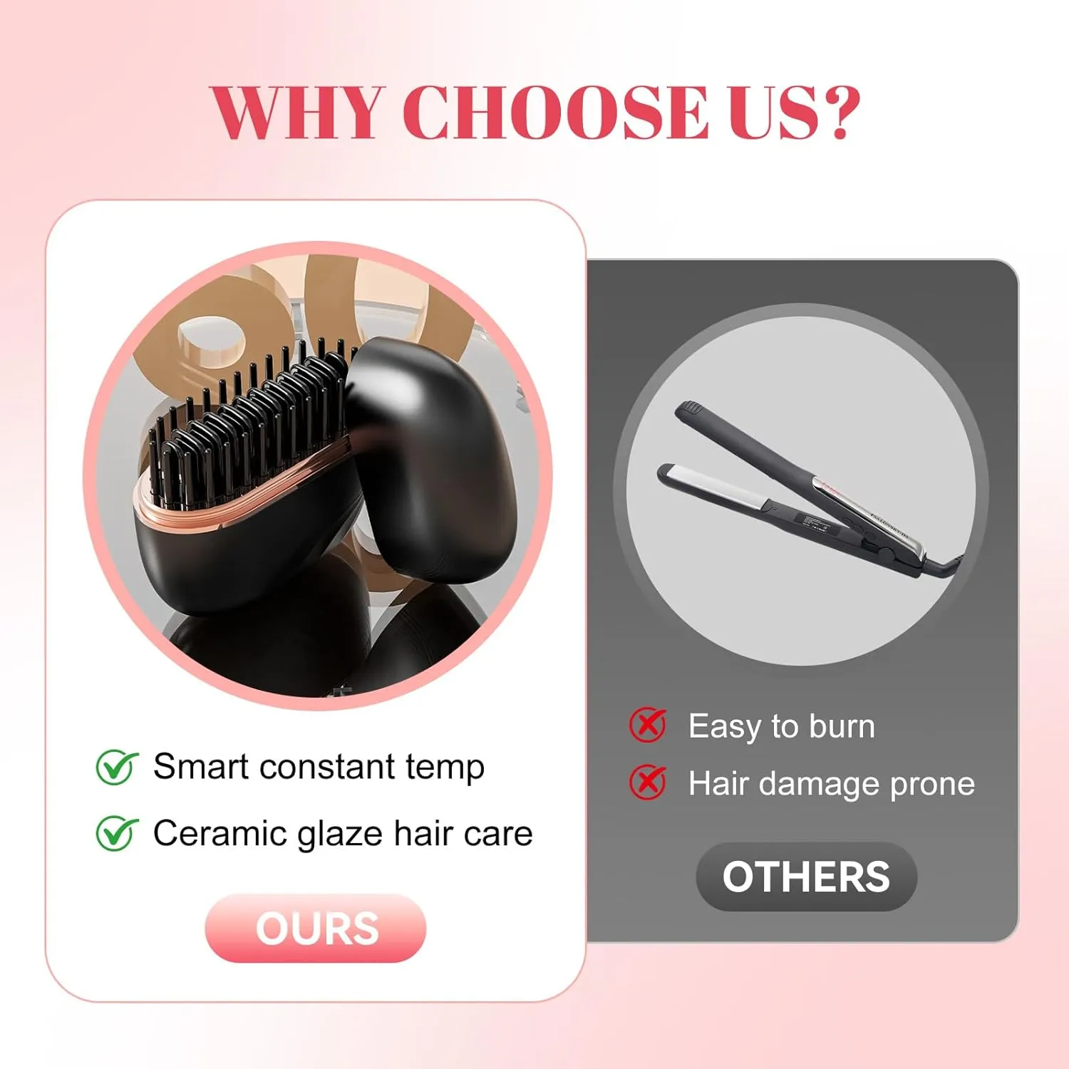Mini hair straightener brush compared with regular flat iron for ceramic hair care