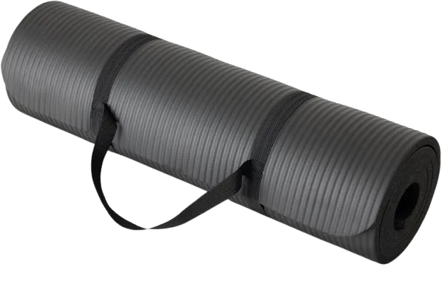 Amazon Basics black exercise yoga mat rolled with carrying strap.