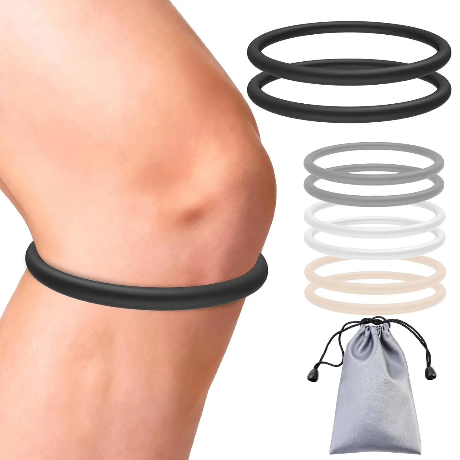 Patella bands shown for cycling, hiking, basketball, and running activities