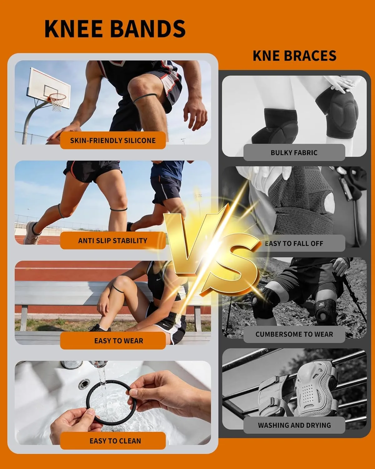Runners wearing patella bands with compression, cushioning, and protection callouts
