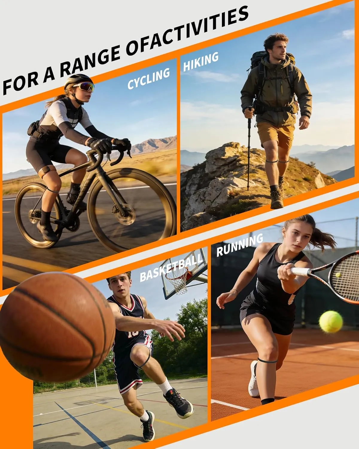 2PCS black silicone patella bands shown with a knee, extra band colors, and a storage bag
