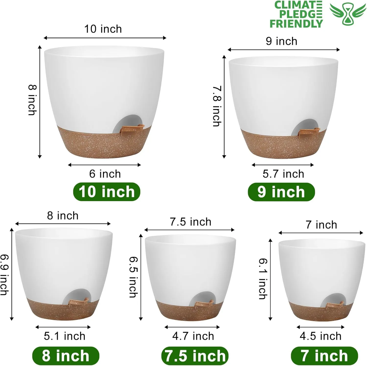 QRRICA plant pot size guide with 10 9 8 7.5 and 7 inch planters