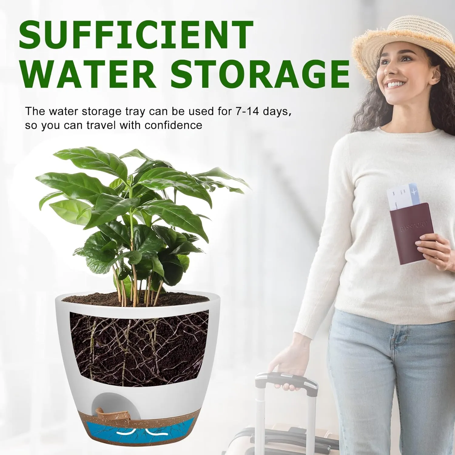QRRICA self watering planter showing water storage for 7 to 14 days