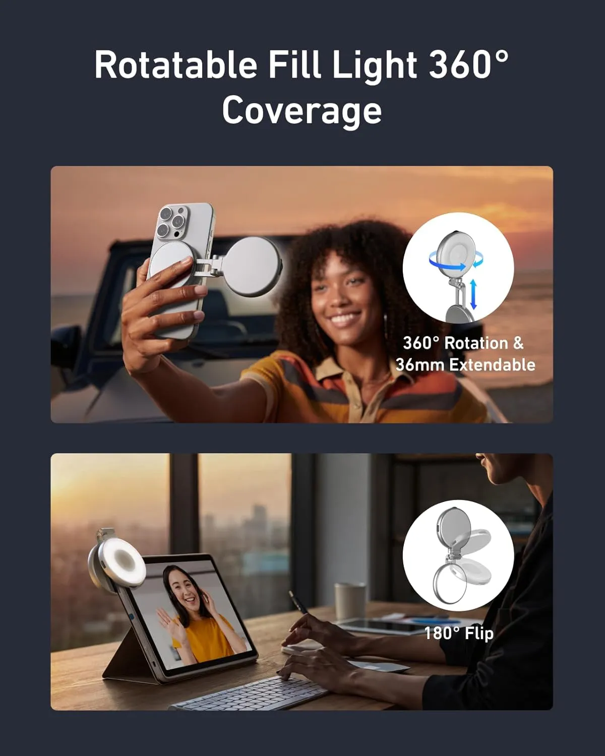 360 degree rotation feature on compact phone selfie light