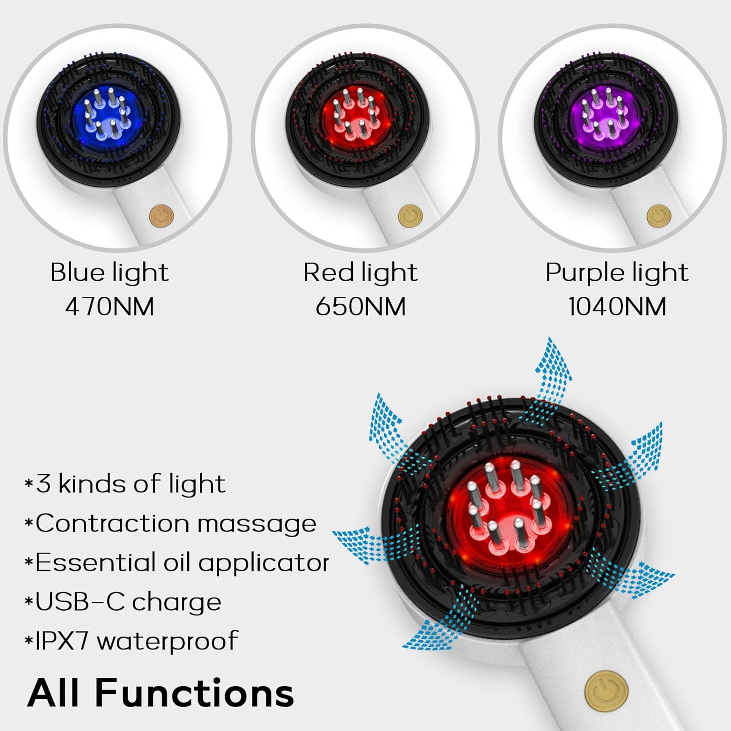 3 light modes oil applicator USB C charge and IPX7 waterproof functions
