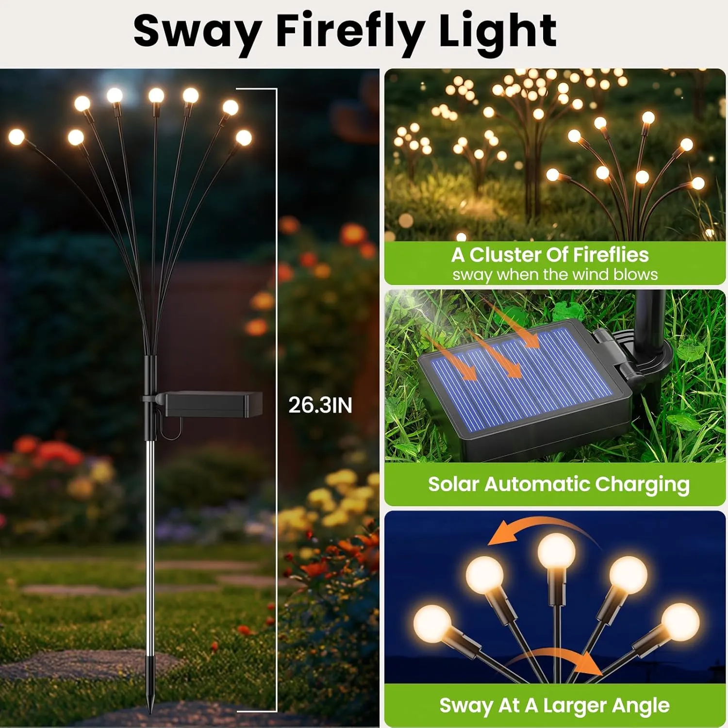 Sway firefly solar light details with solar panel and flexible stems